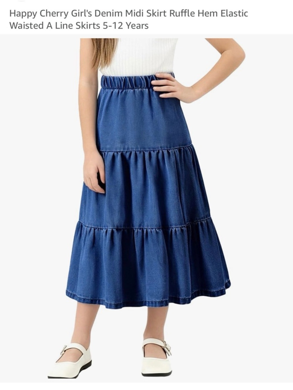 Girls' Denim Tiered Midi Skirt in Blue